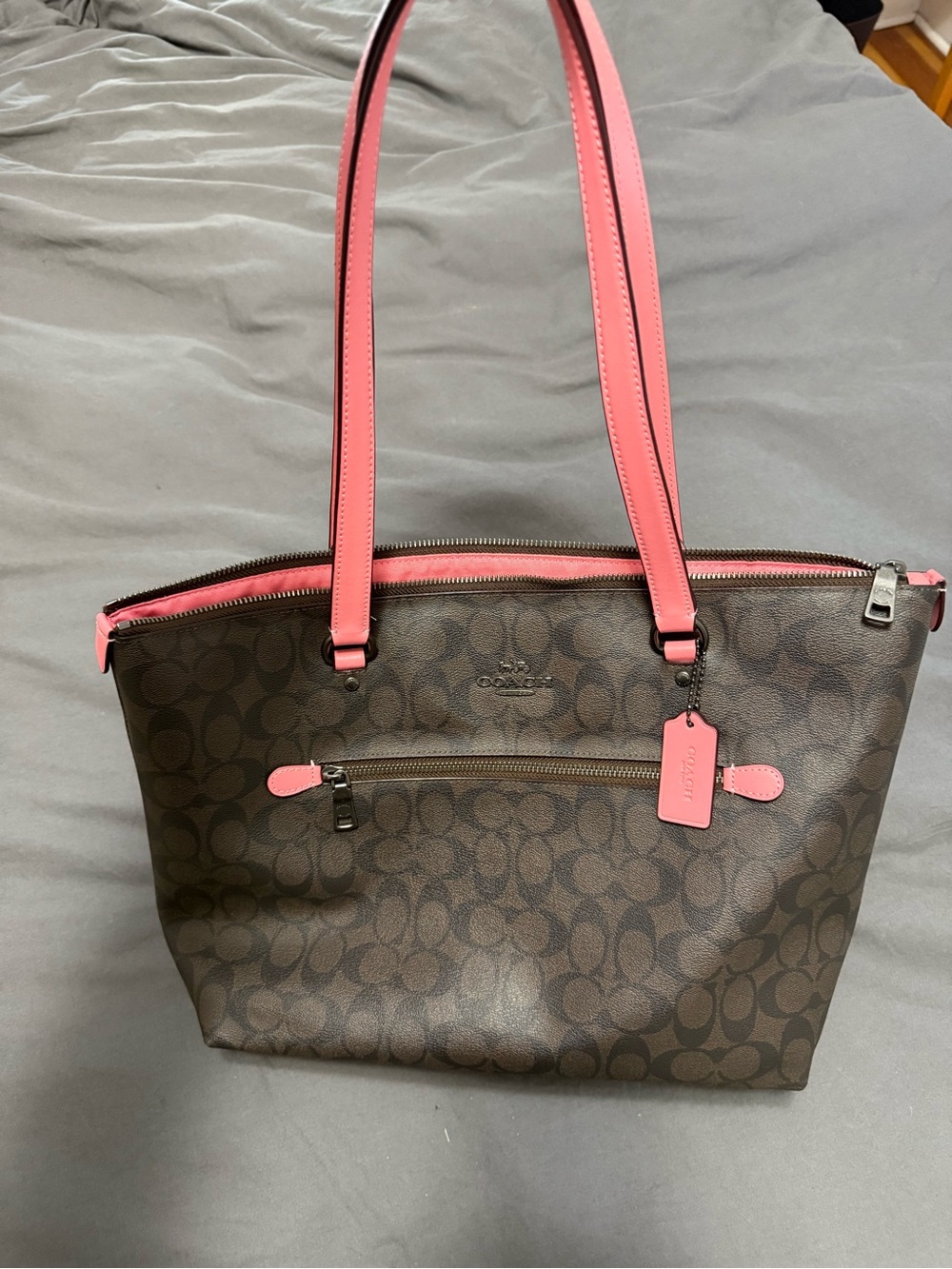 Coach Brown Signature Tote with Pink Trim